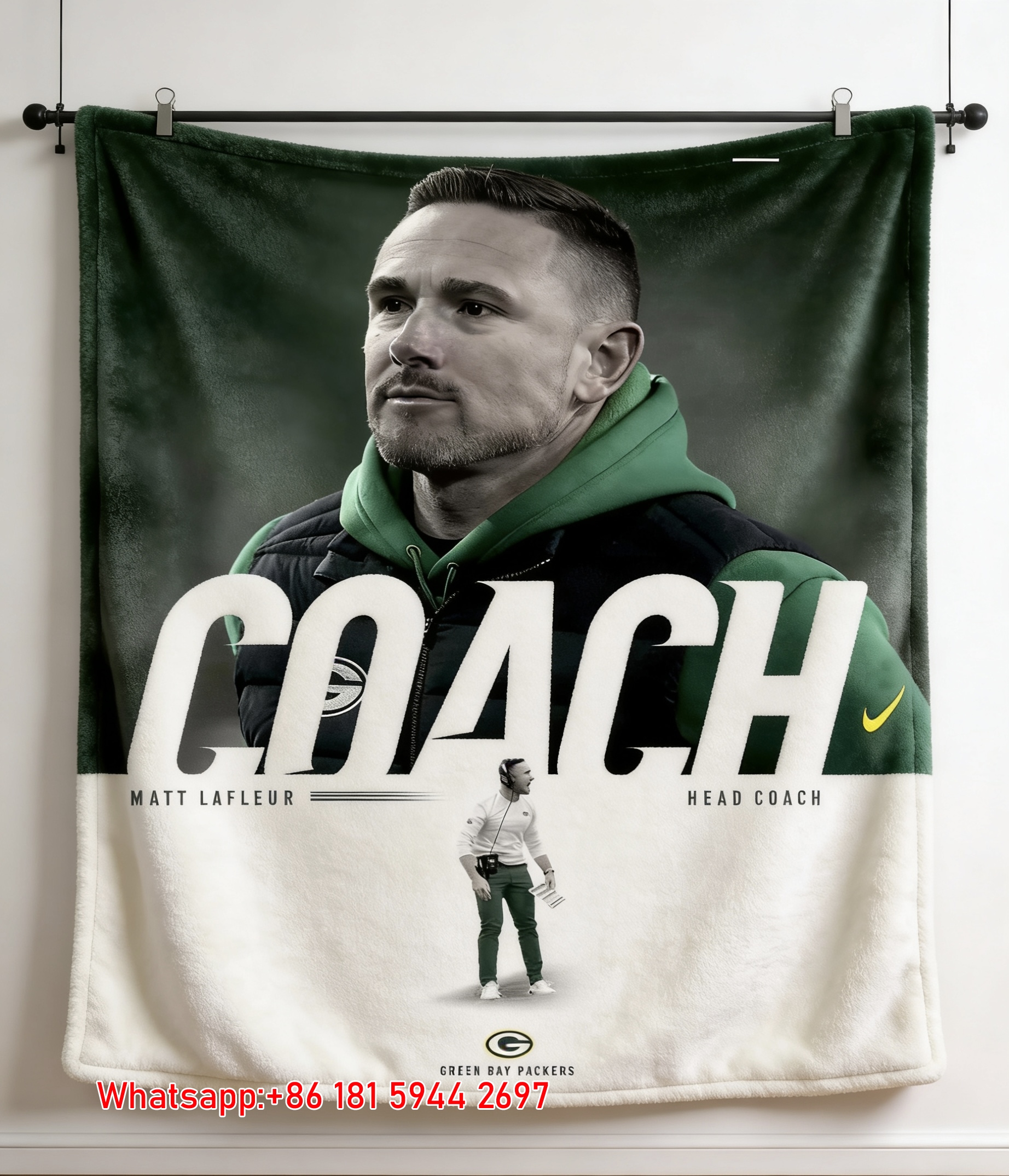 Green Bay Packers Matt LaFleur Coach Print Flannel Throw Blanket for Sofa C121